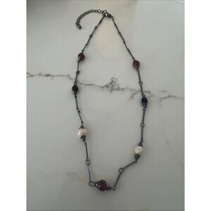 Designer Fringe Necklace Gun‎ Metal Tone Red White Black Glass Beads Chain